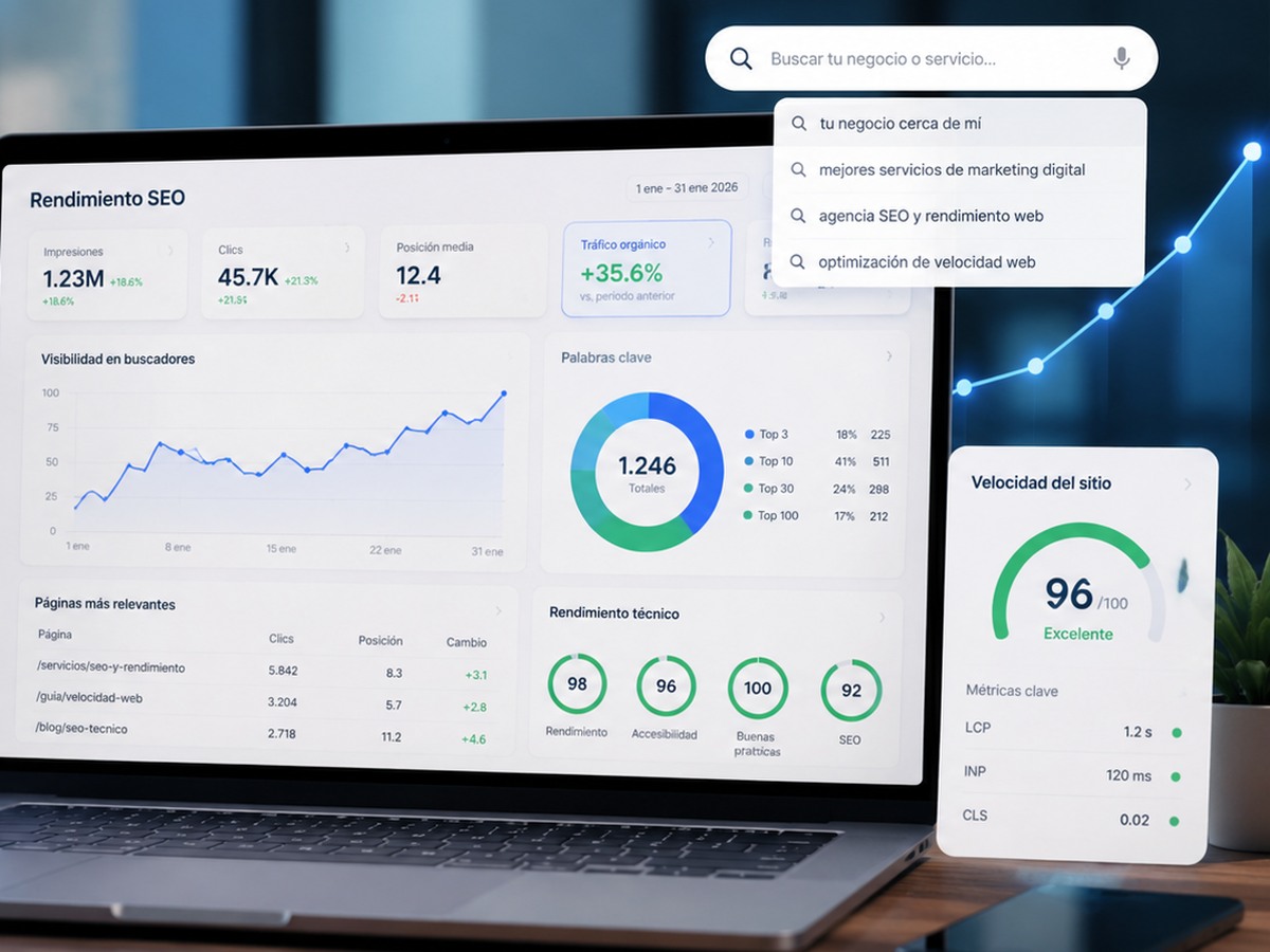 Panel de posicionamiento SEO, rendimiento y velocidad web