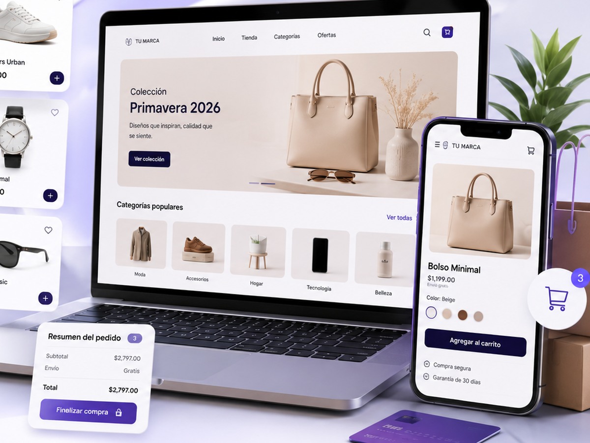 Tienda en línea visualizada en computadora y teléfono